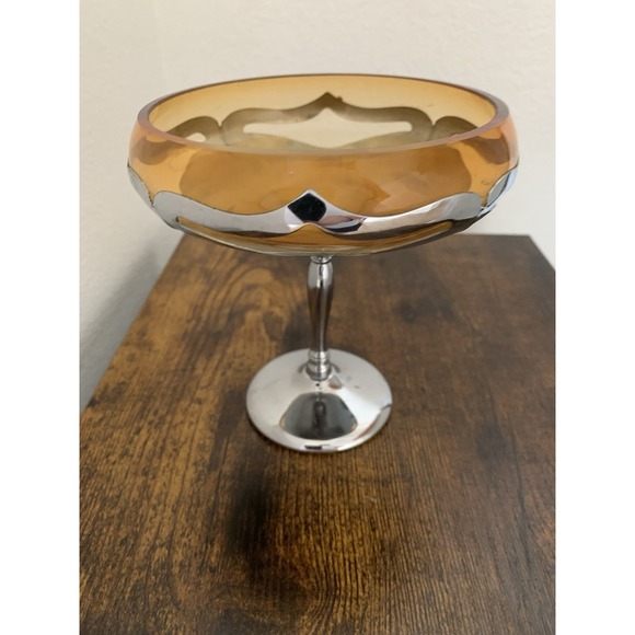 Farber Bros Krome Kraft Other - Vintage Farber Bros Krome Kraft Amber Glass Compote Dish Art Deco Stemmed Bowl